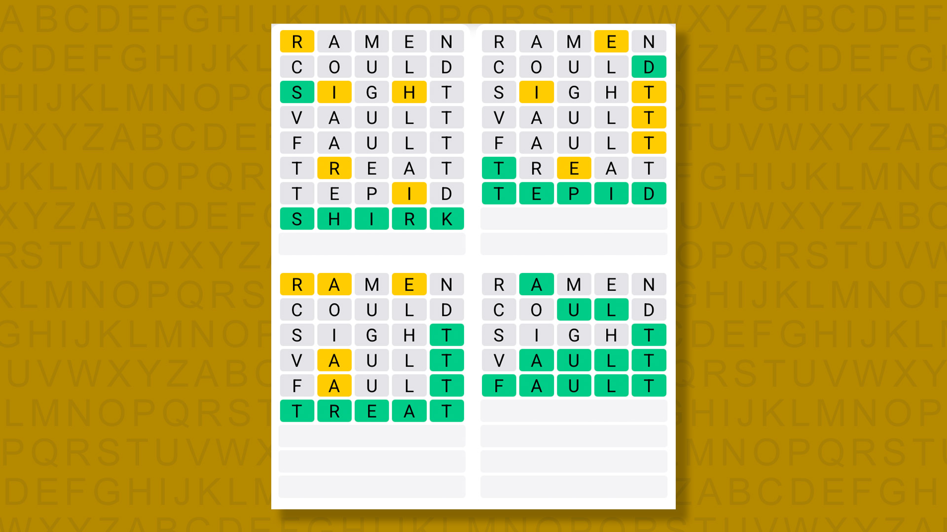 Quordle answers for game 1387 on a yellow background