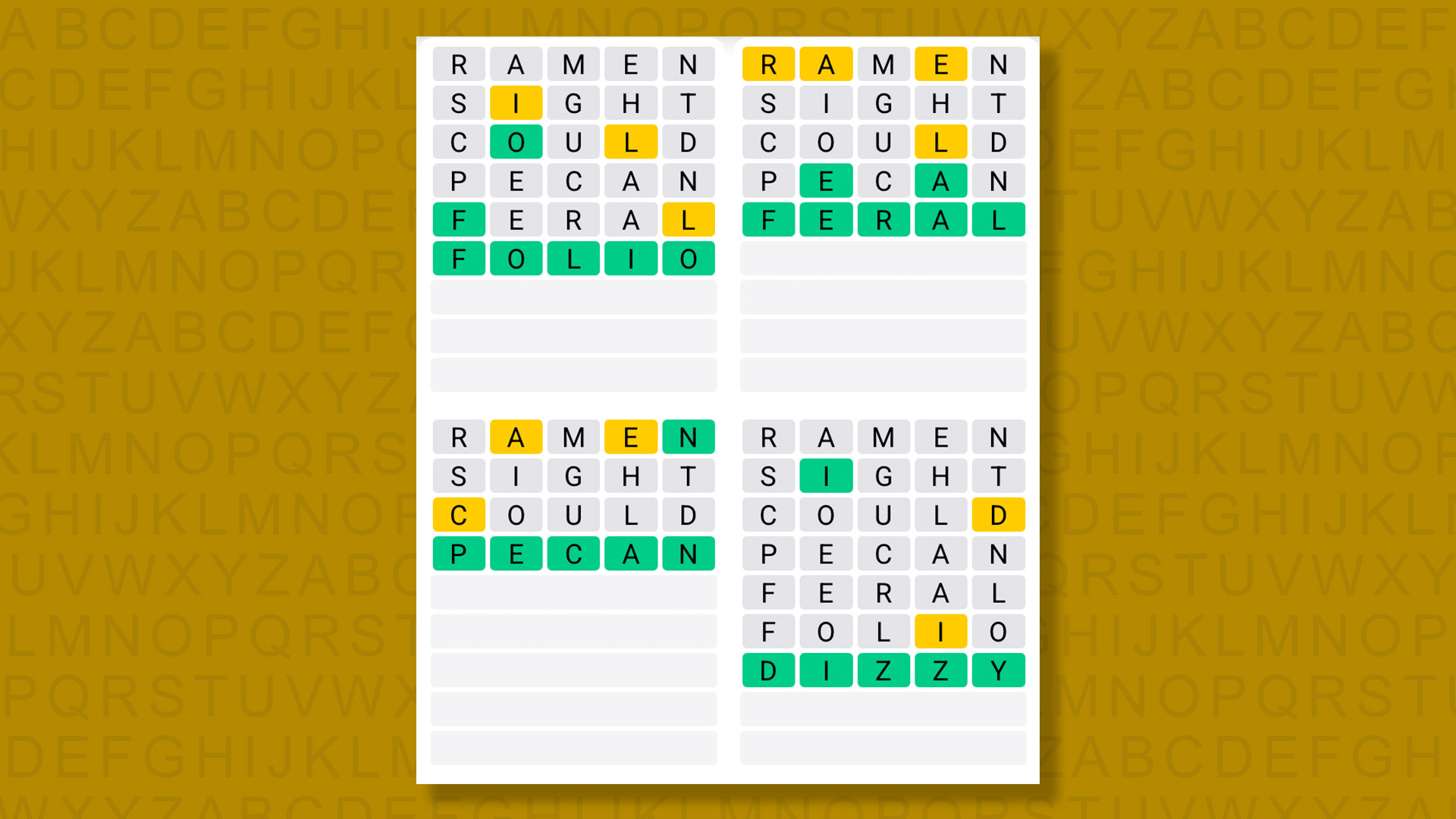 Quordle answers for game 1394 on a yellow background