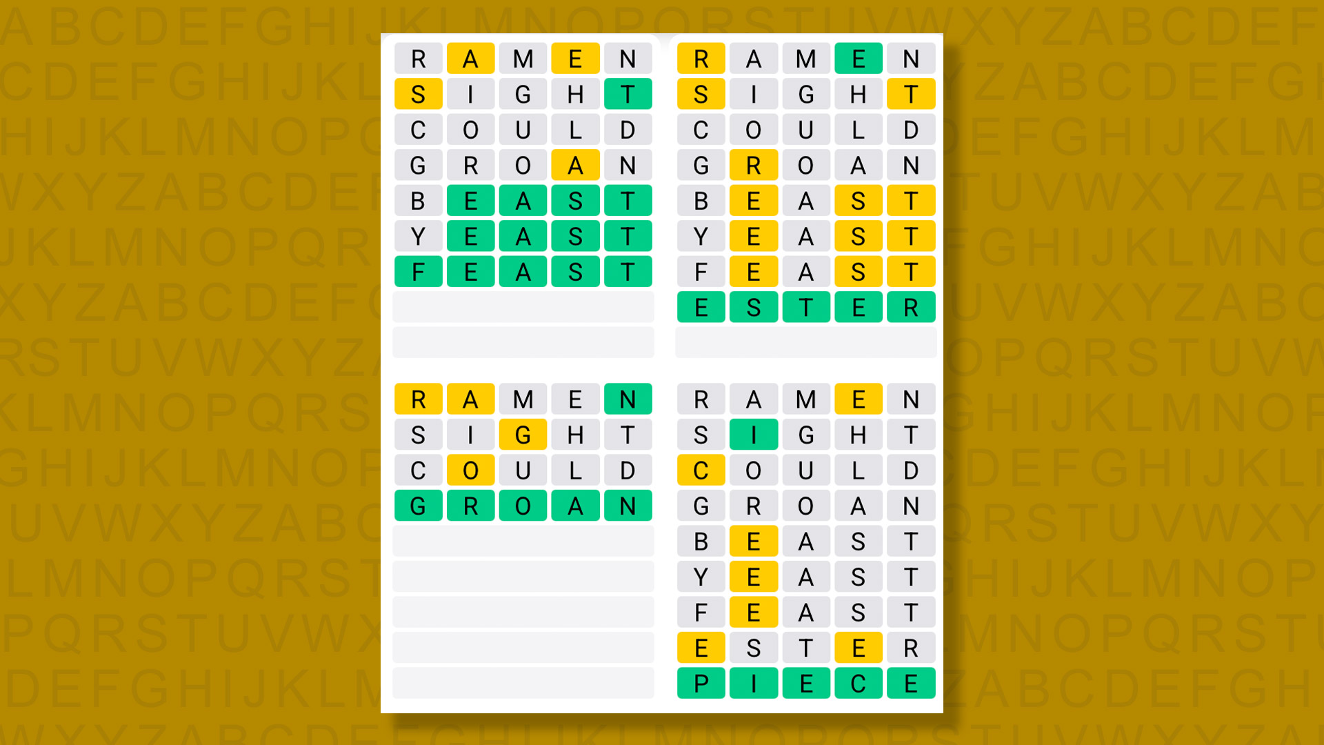 Quordle answers for game 1388 on a yellow background