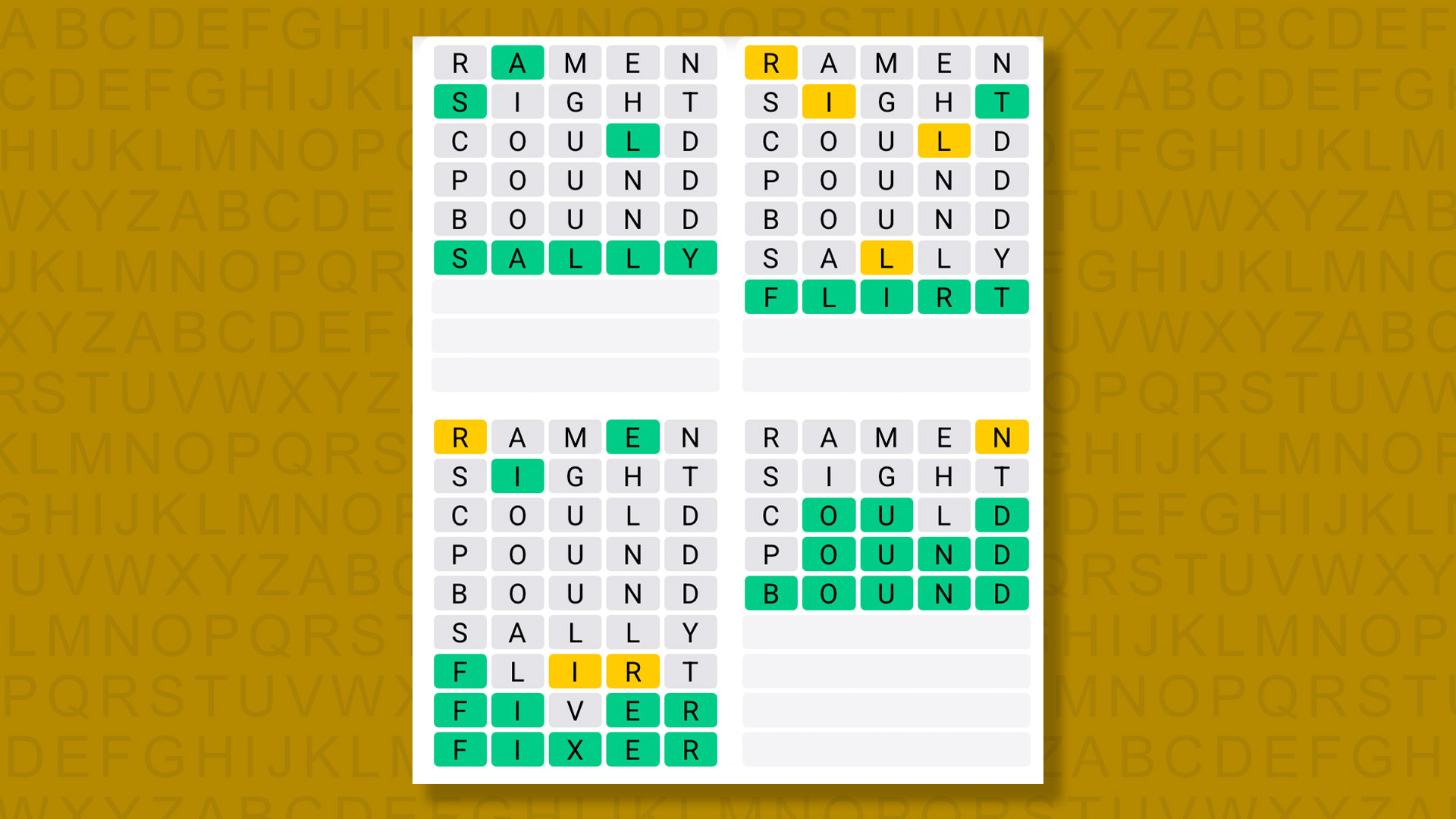 Quordle answers for game 1395 on a yellow background