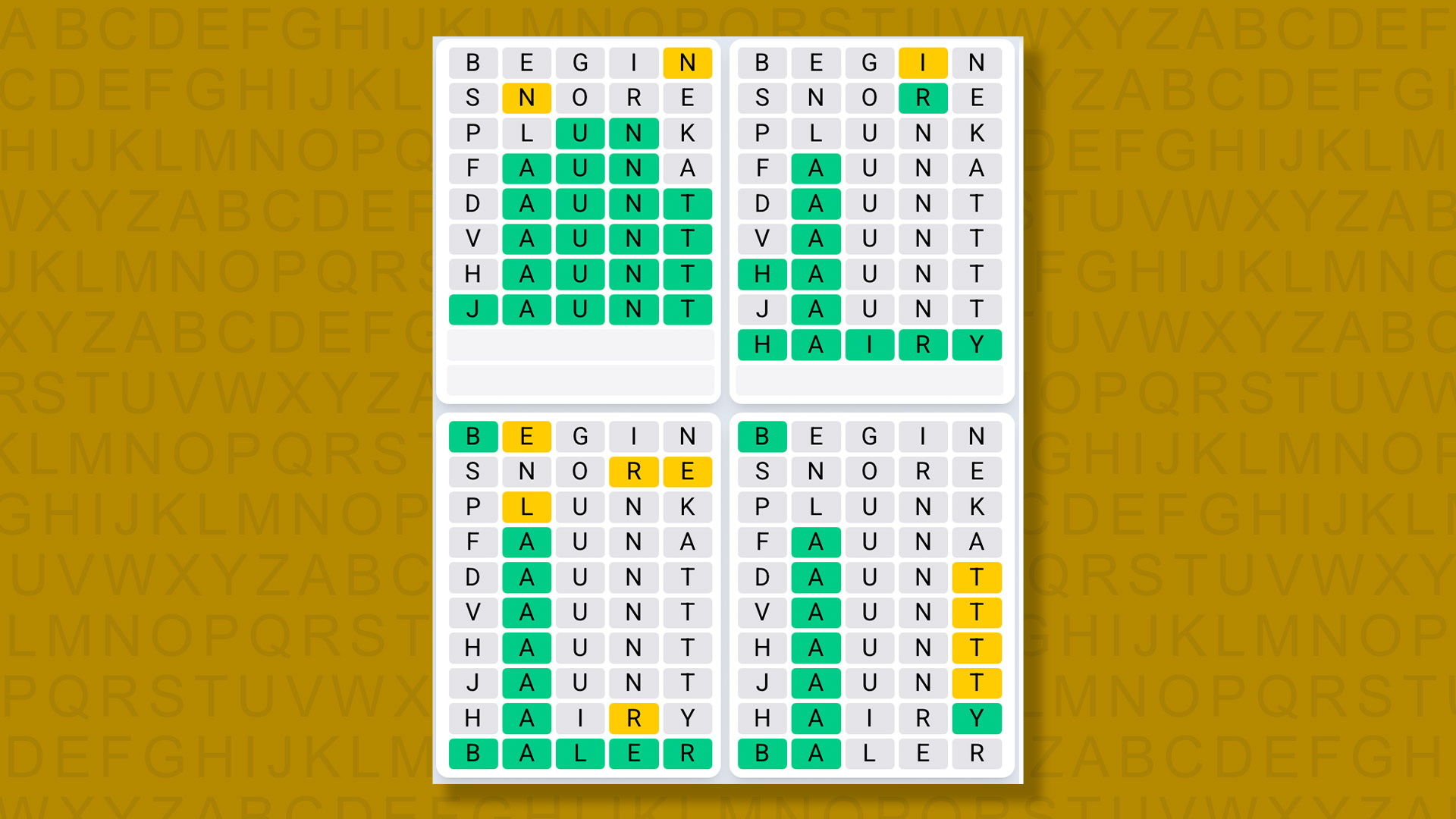 Quordle Daily Sequence answers for game 1402 on a yellow background