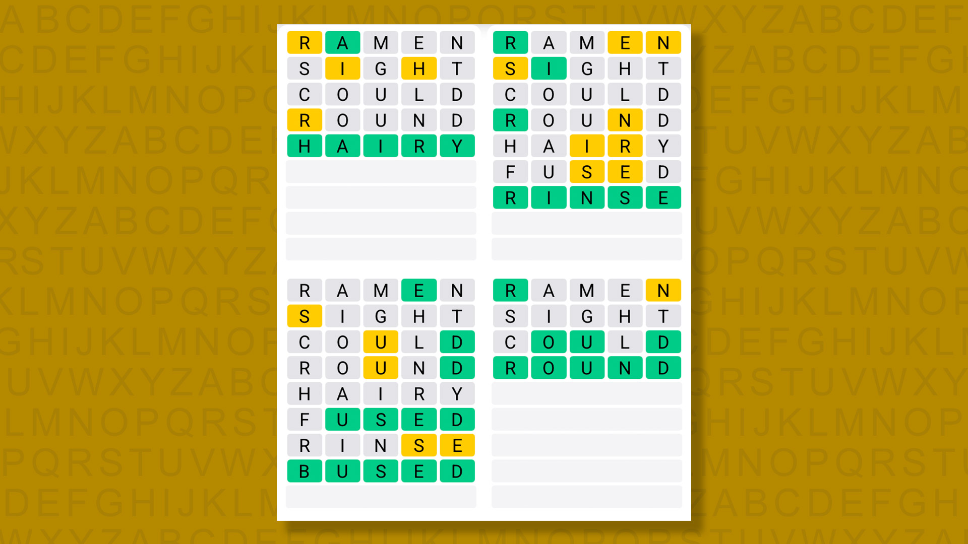 Quordle answers for game 1381 on a yellow background
