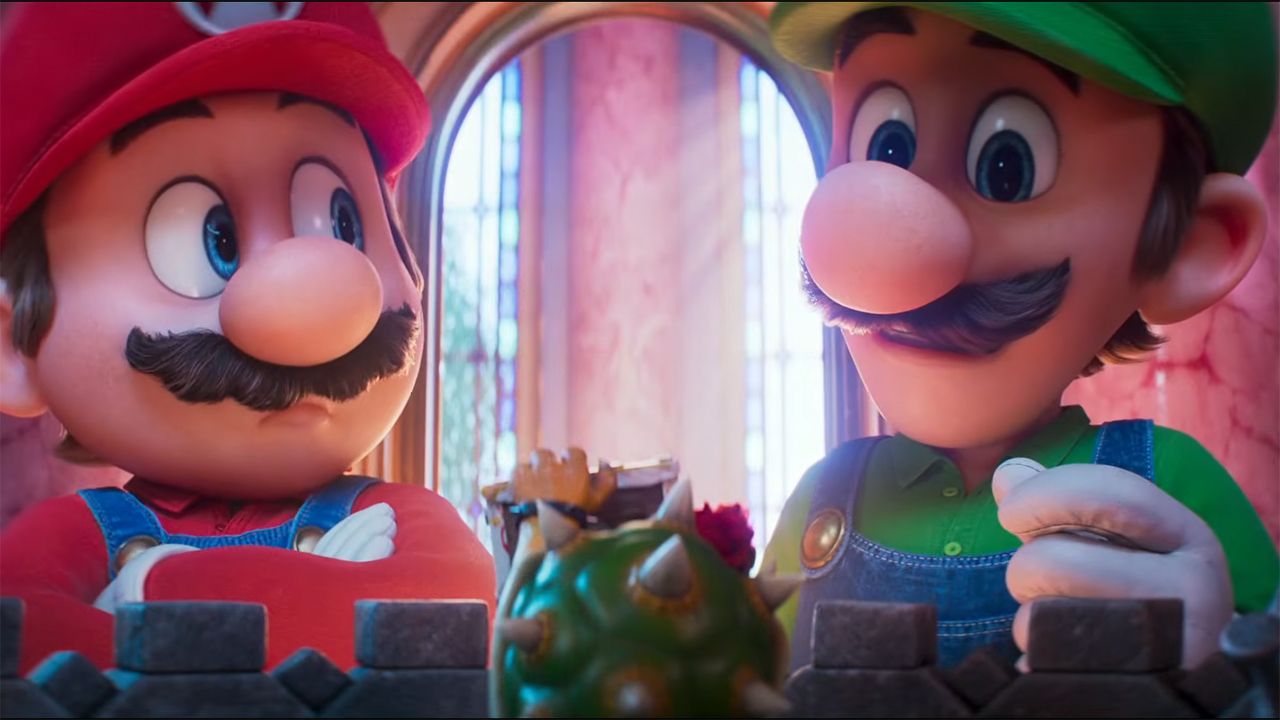 Mario with his arms crossed at looking at Luigi in The Super Mario Galaxy Movie