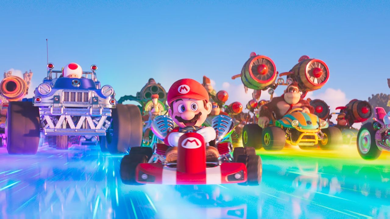 Mario drives his kart on Rainbow Road in The Super Mario Bros. Movie