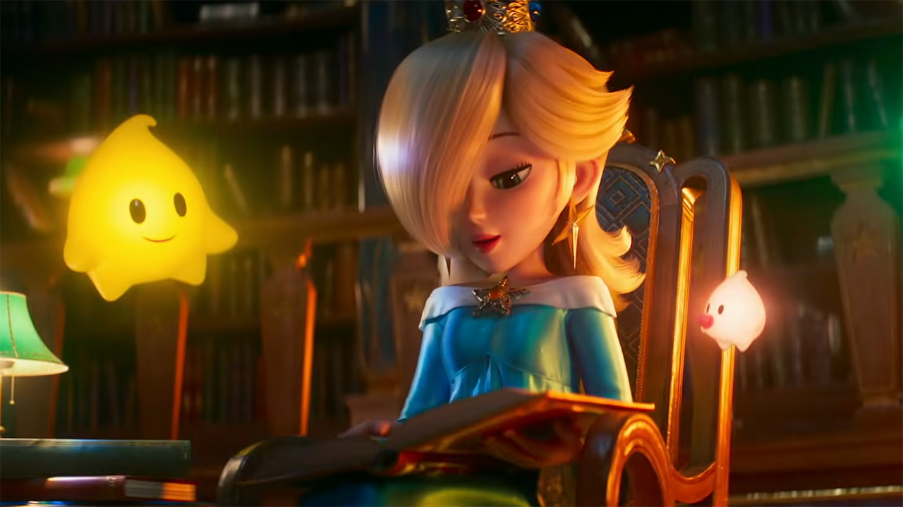 Rosalina reading from a book as a yellow Luma looks on in The Super Mario Galaxy Movie