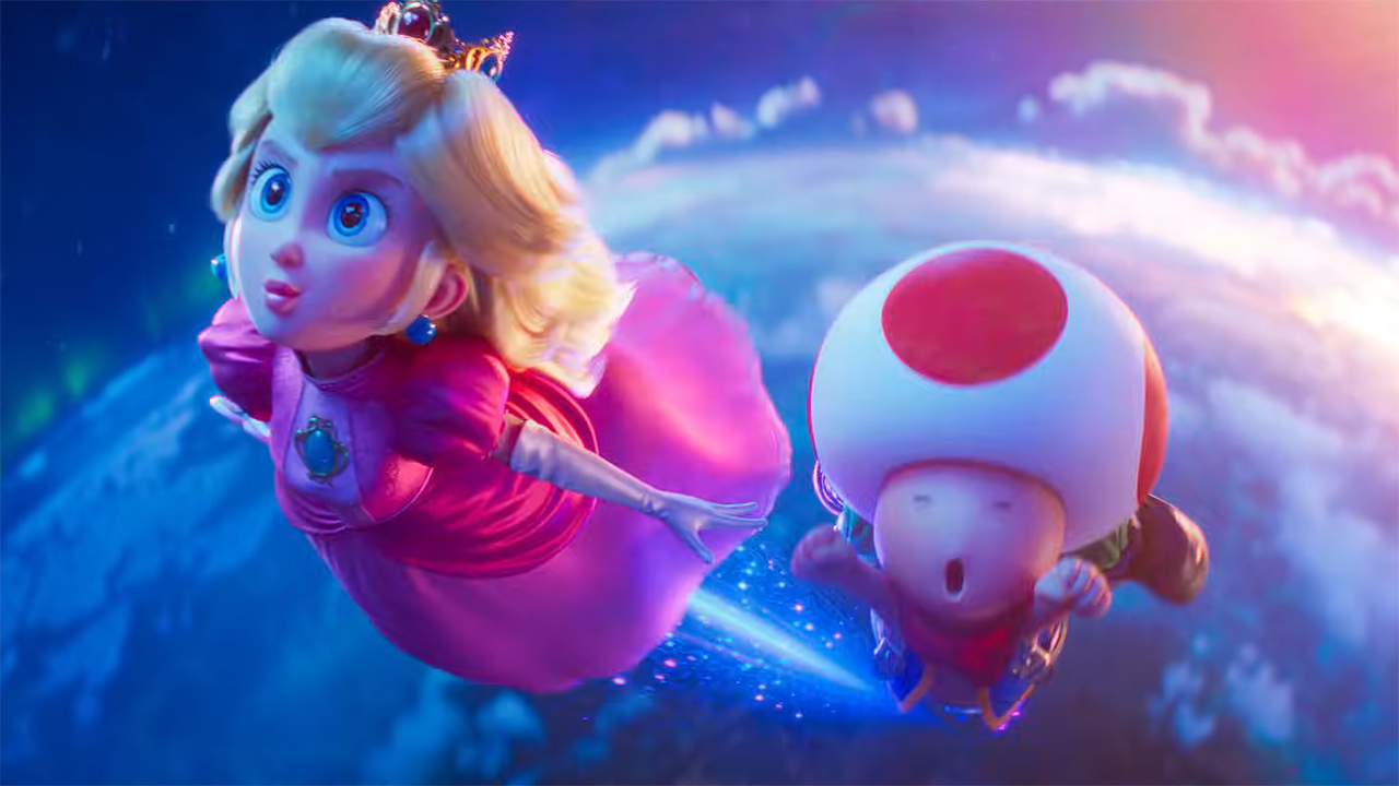 A close-up of Princess Peach and Toad flying into space in The Super Mario Galaxy Movie