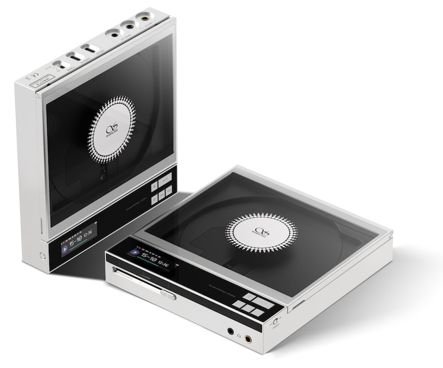 Shanling ECZero AKM shown standing up and laid down flat on a white surface with a white background