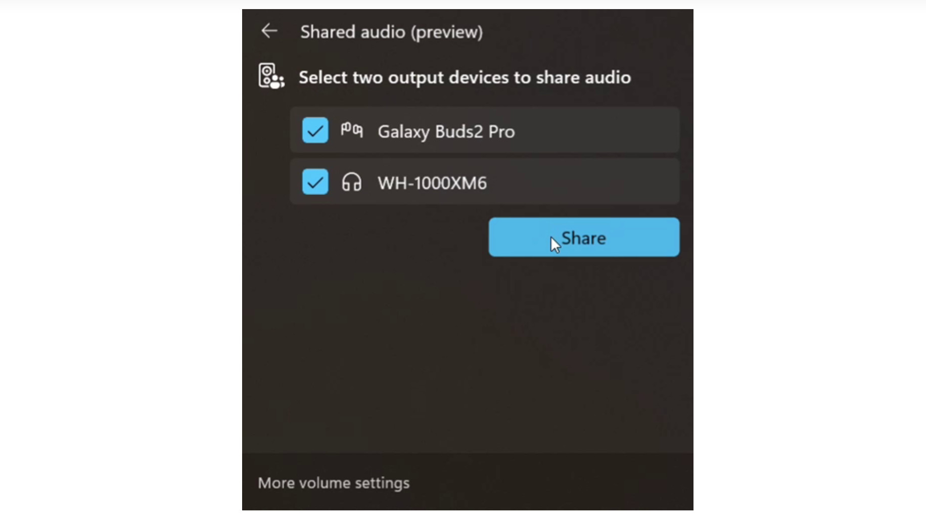 Windows 11 Bluetooth &#039;audio share&#039; feature showing two devices connected