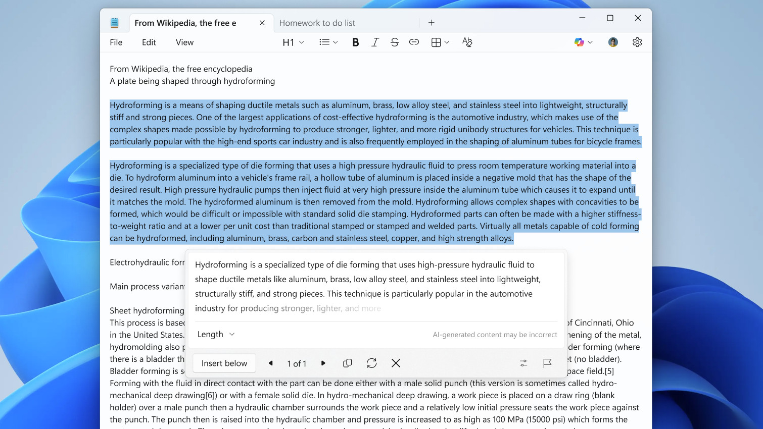 Windows 11 Notepad AI Rewrite streaming results