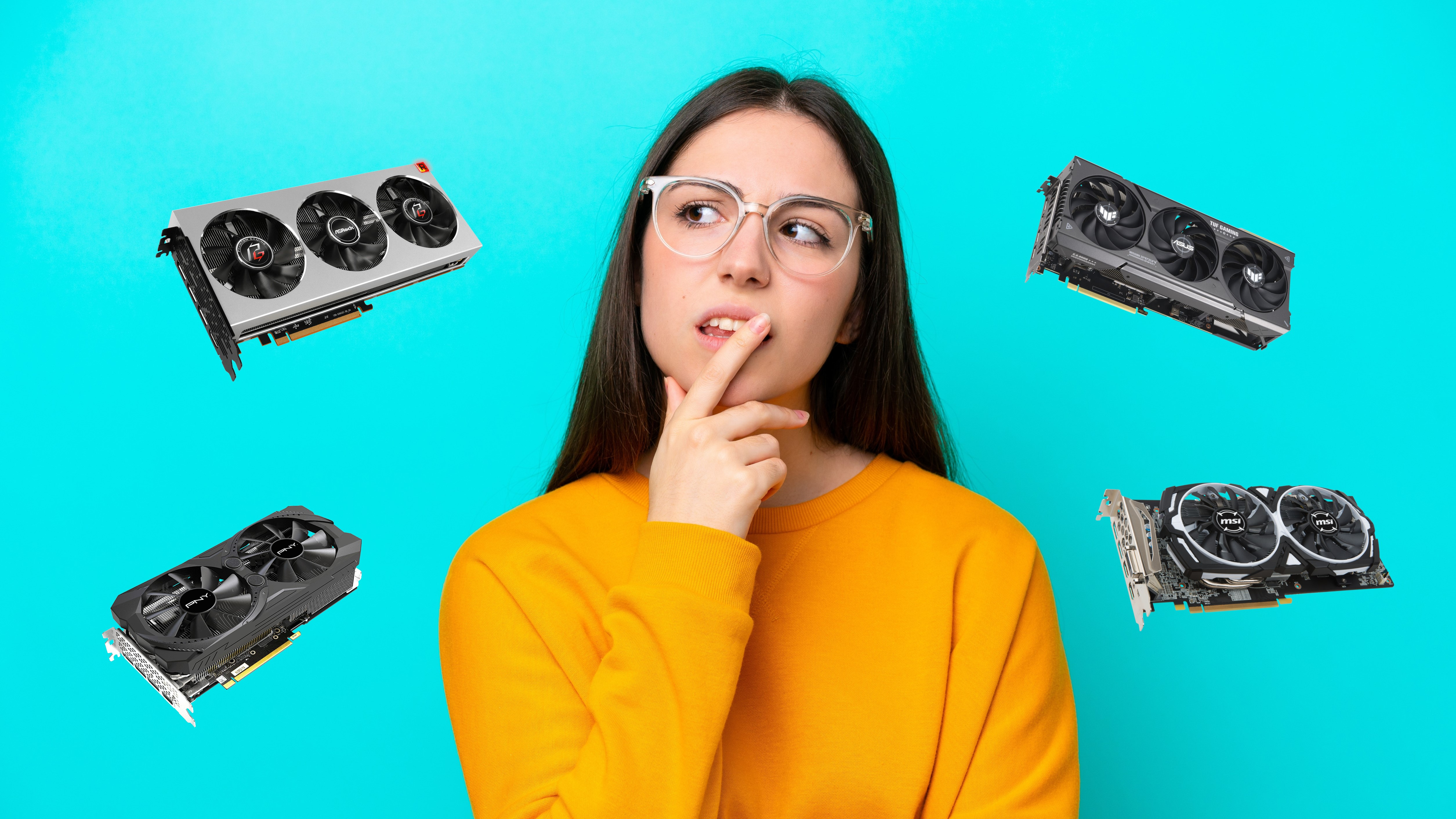 A thoughtful-looking woman on a blue background surrounded by graphics cards.
