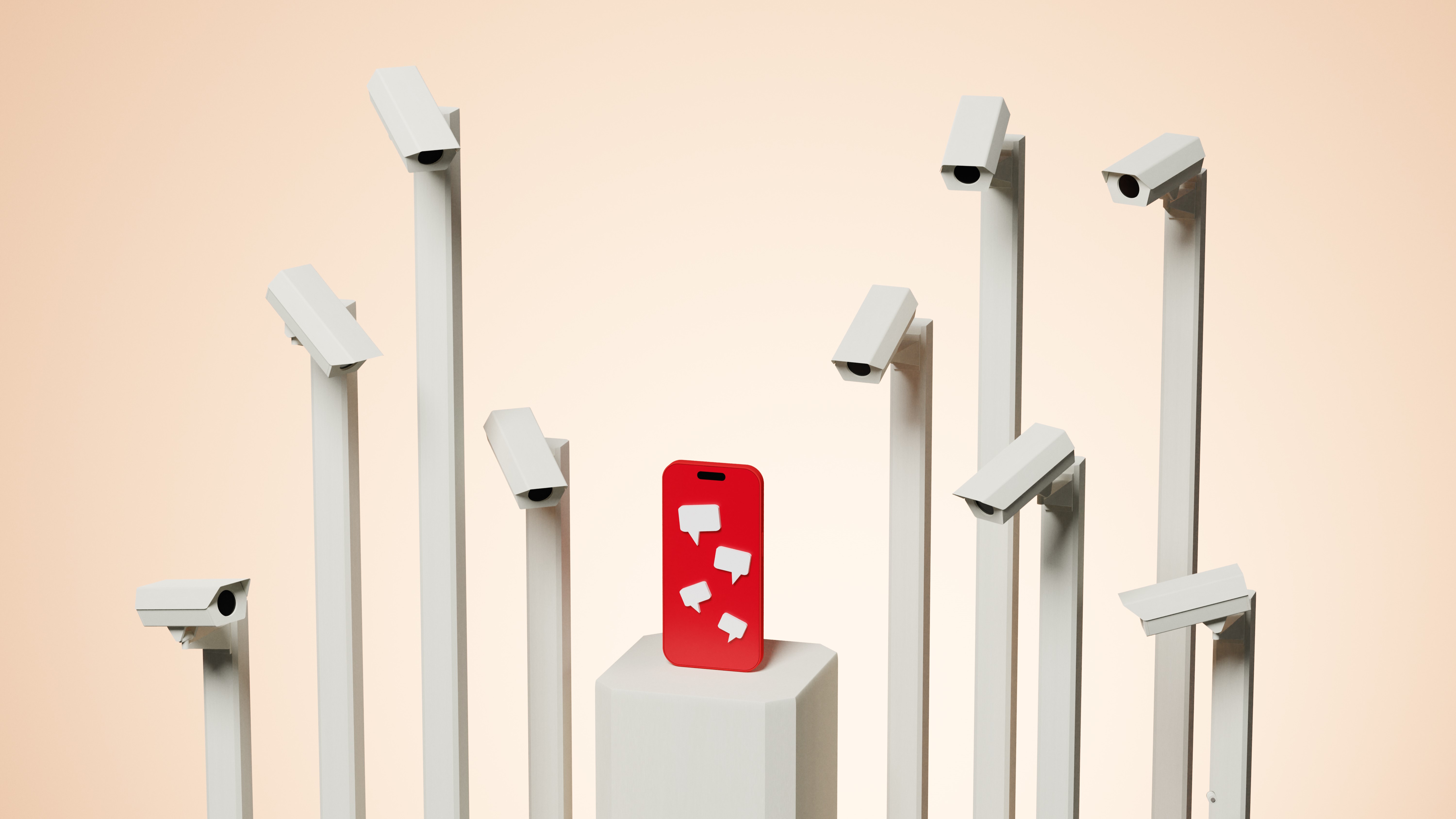 Conceptual image of a large group of cctv camera watching and spying on a mobile phone with messages, it illustrates digital surveillance concept