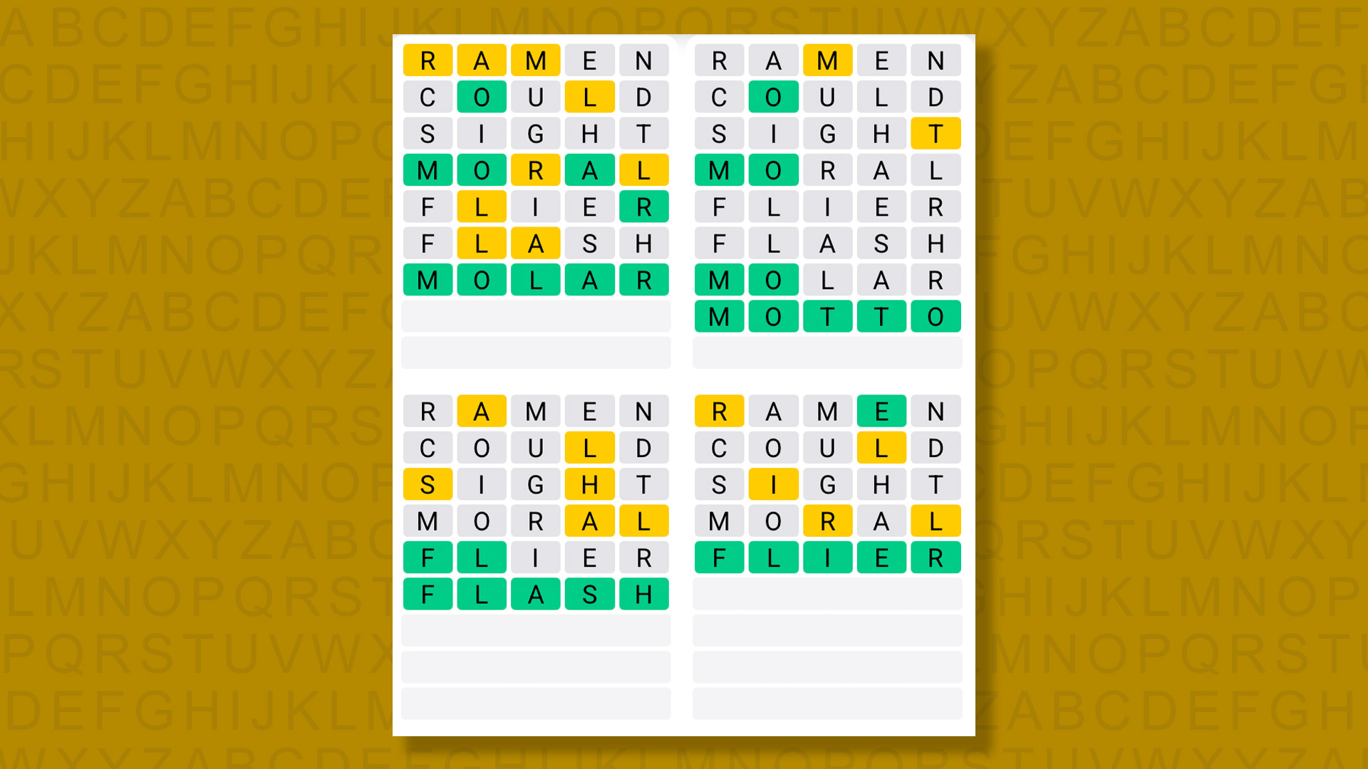 Quordle answers for game 1425 on a yellow background