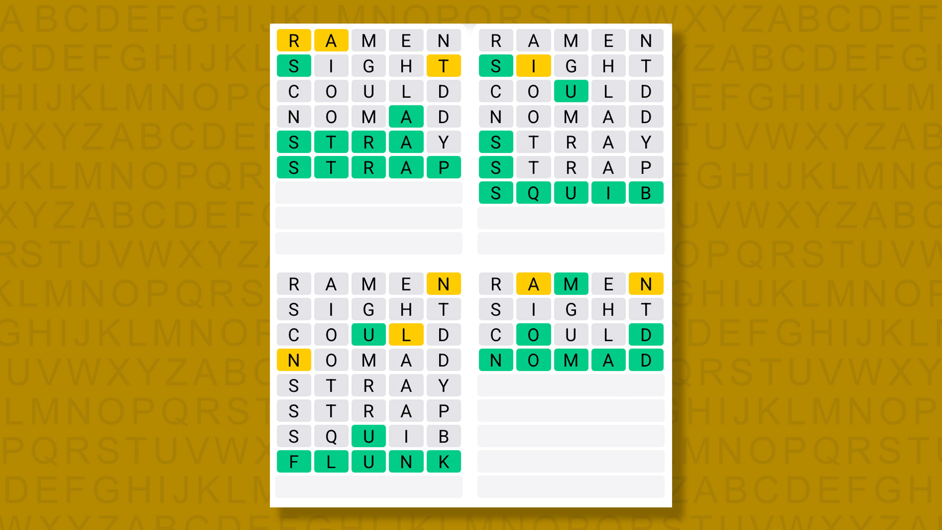 Quordle answers for game 1432 on a yellow background