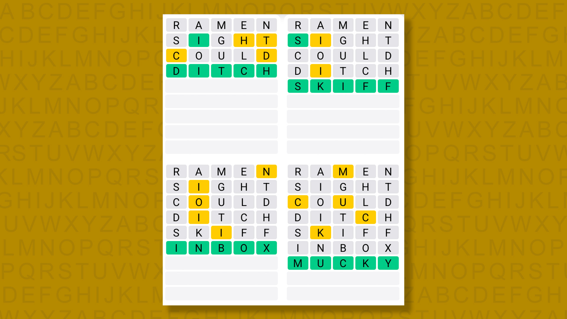 Quordle answers for game 1407 on a yellow background