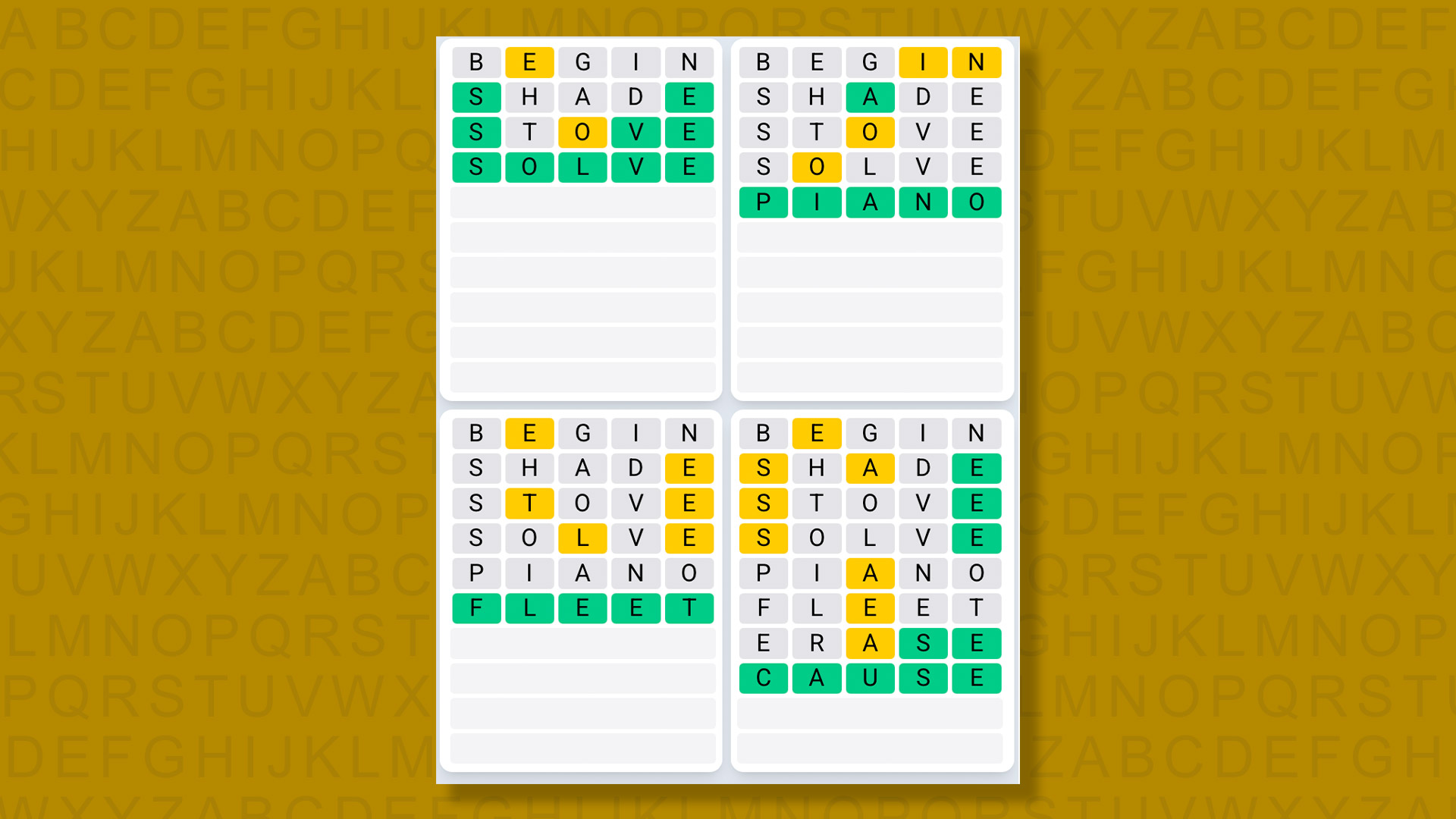 Quordle Daily Sequence answers for game 1420 on a yellow background