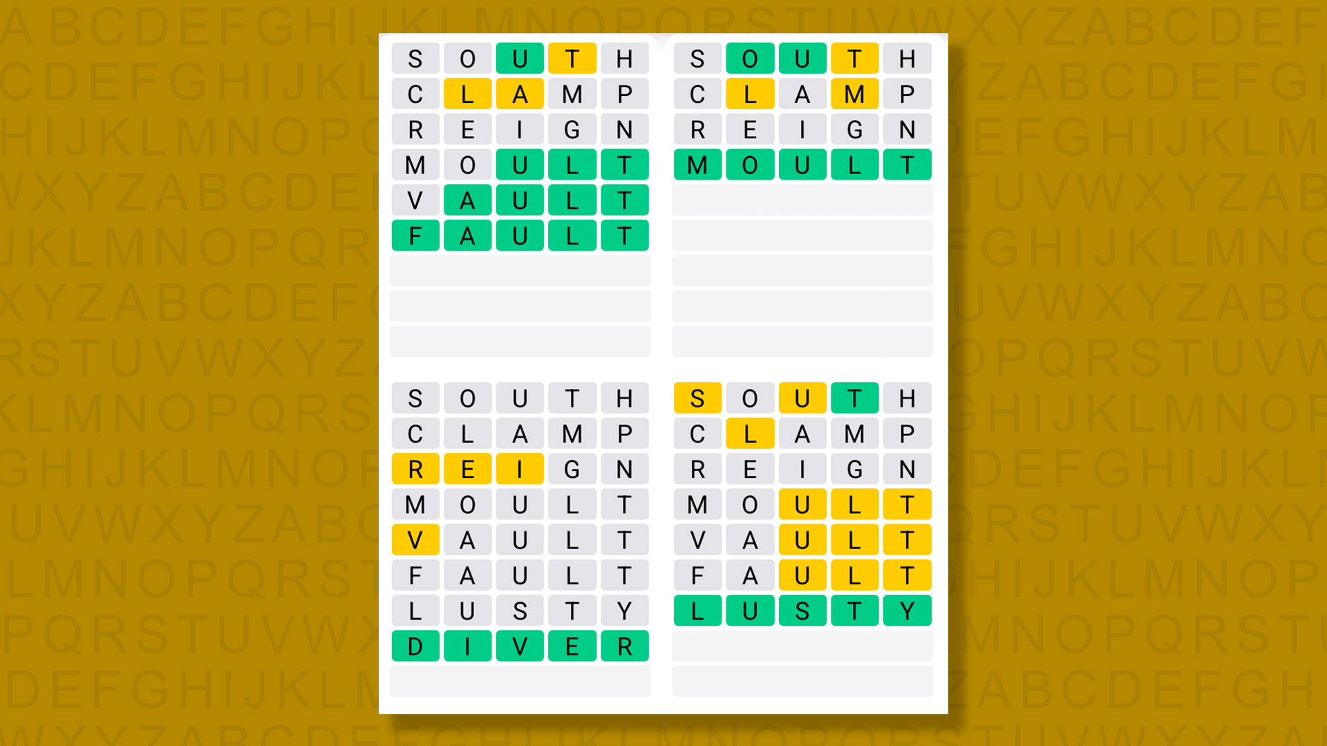 Quordle answers for game 1428 on a yellow background