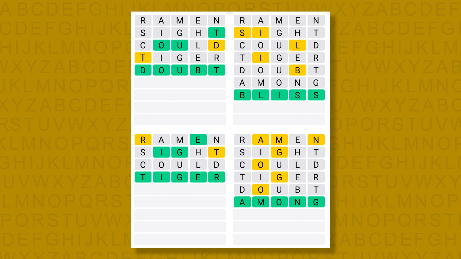 Quordle answers for game 1435 on a yellow background