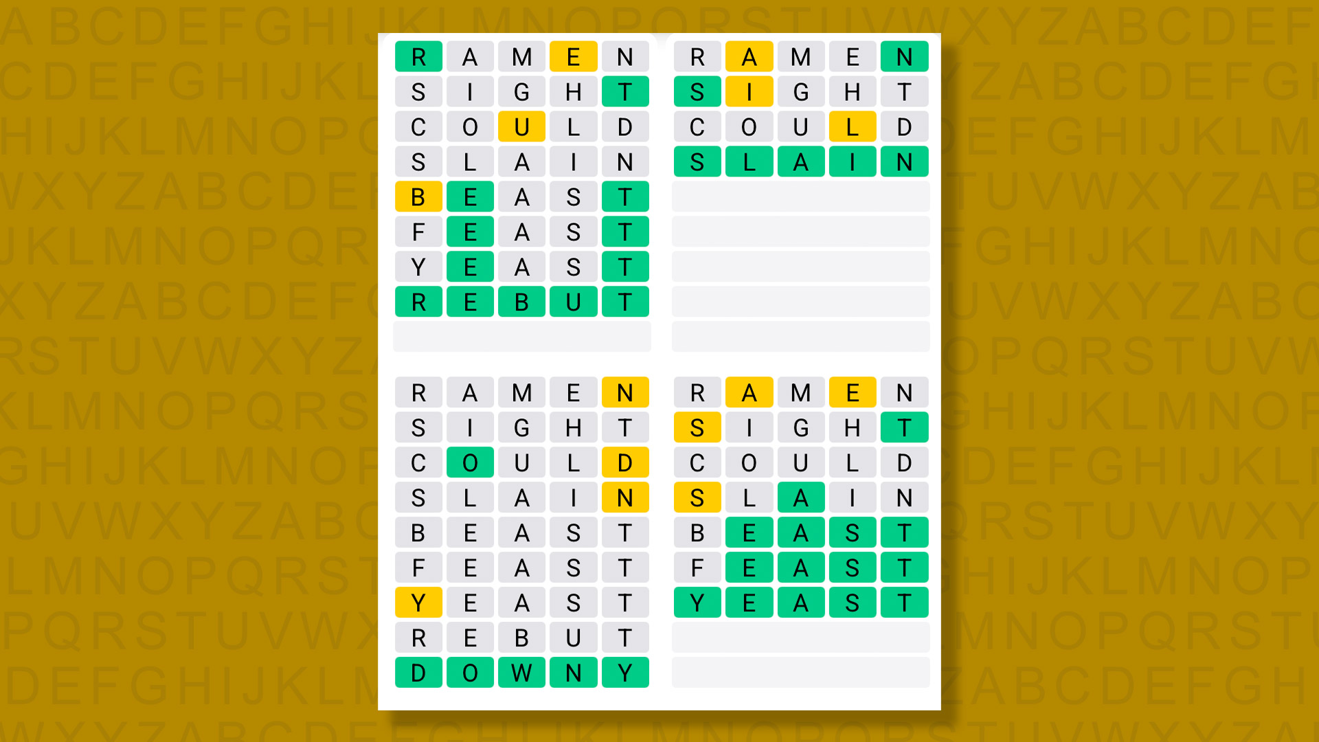 Quordle answers for game 1414 on a yellow background
