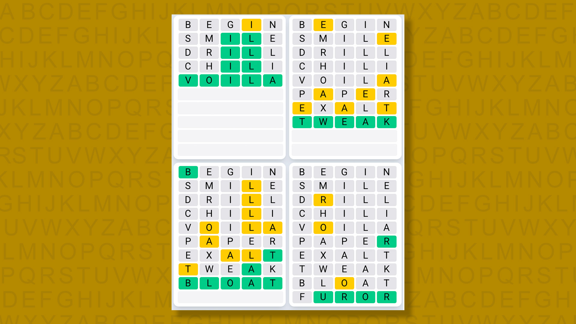 Quordle Daily Sequence answers for game 1419 on a yellow background
