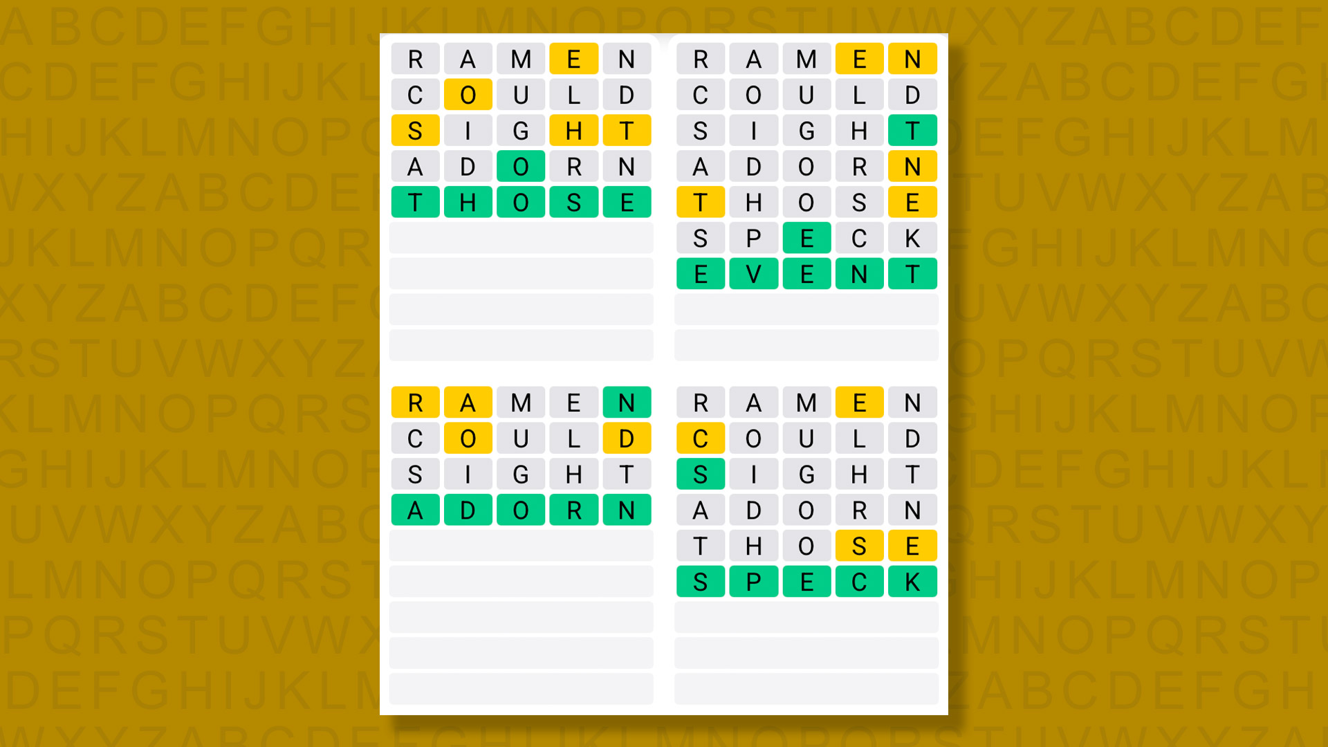 Quordle answers for game 1426 on a yellow background