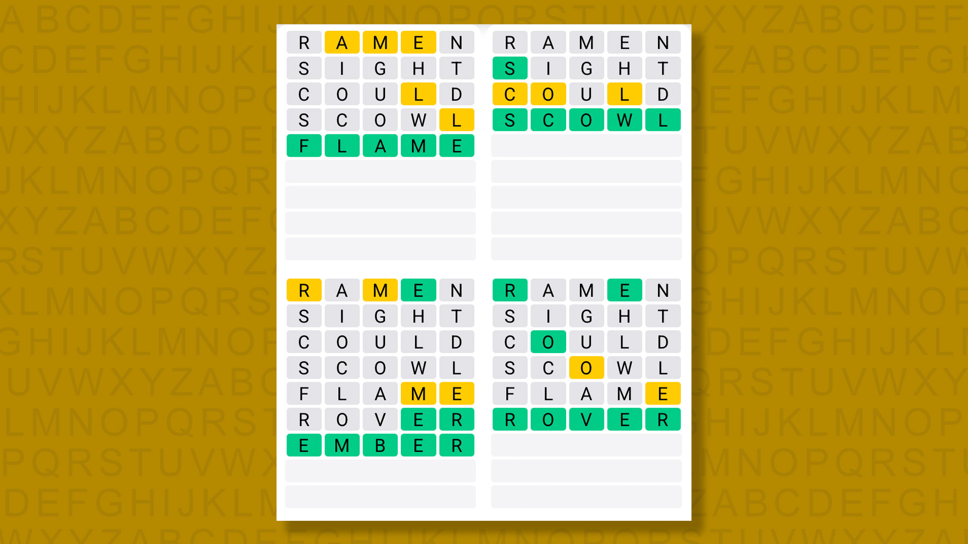 Quordle answers for game 1433 on a yellow background