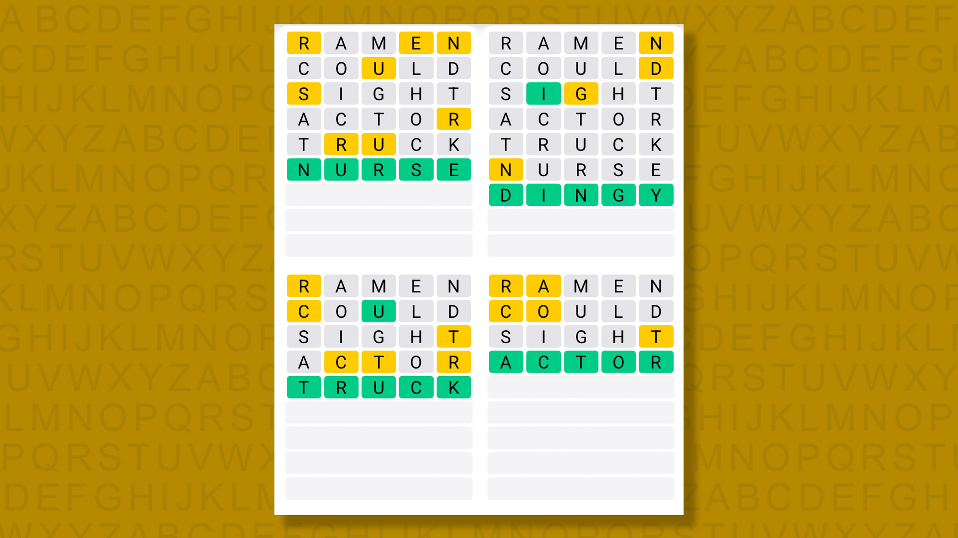 Quordle answers for game 1412 on a yellow background