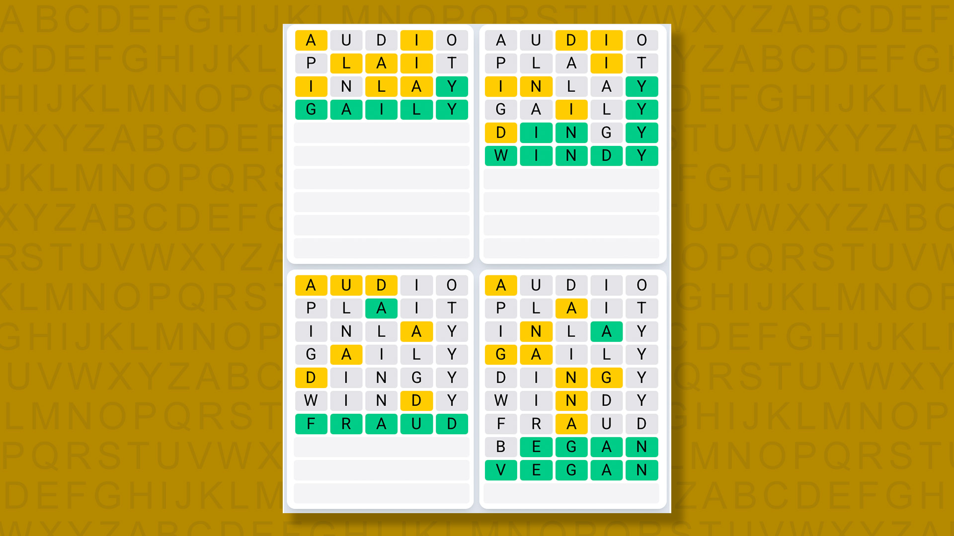 Quordle Daily Sequence answers for game 1427 on a yellow background