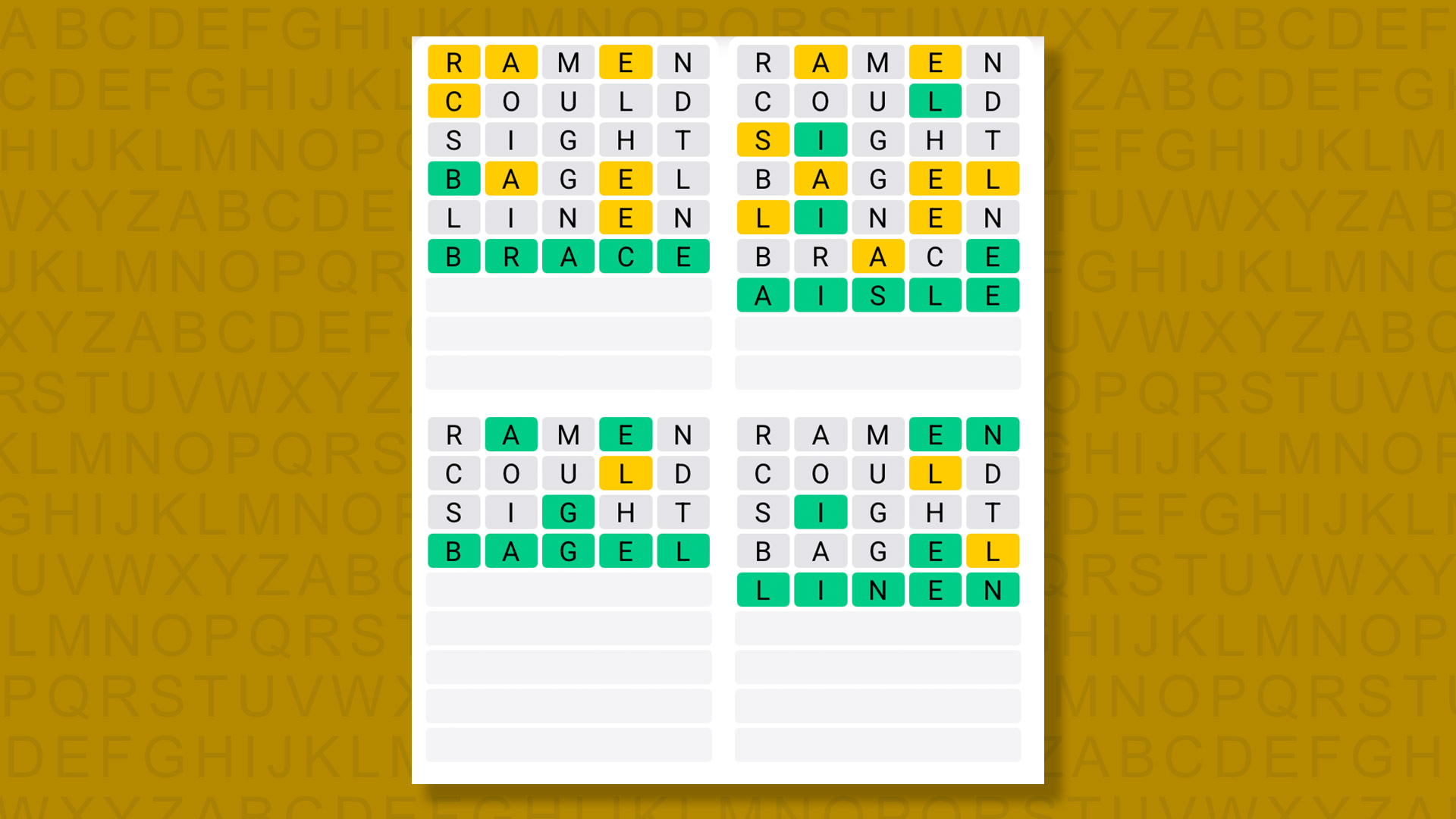Quordle answers for game 1413 on a yellow background
