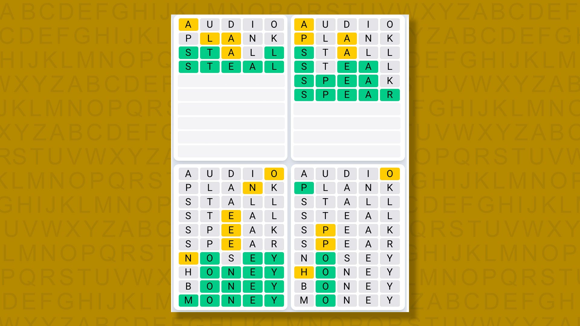 Quordle Daily Sequence answers for game 1417 on a yellow background