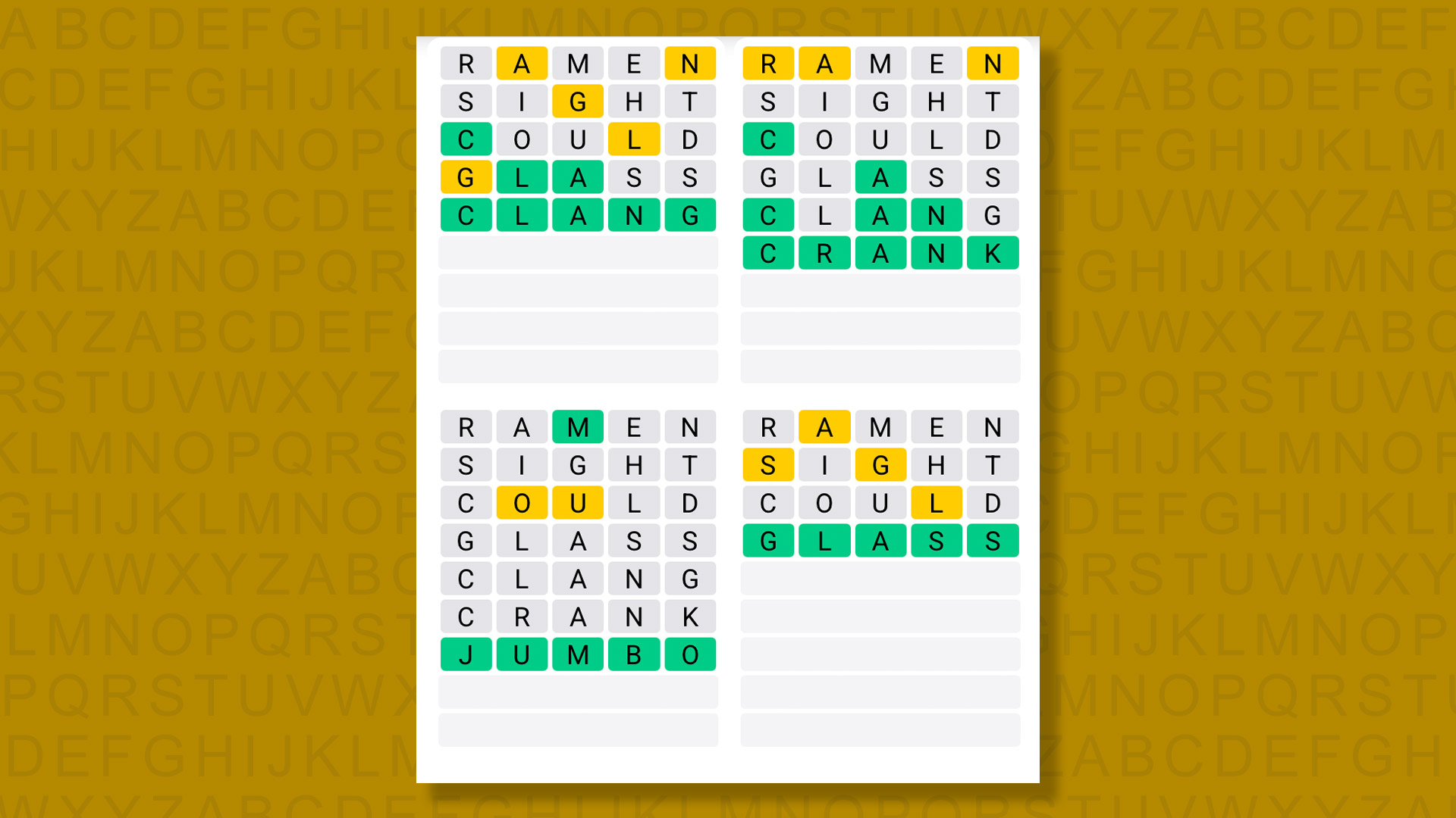 Quordle answers for game 1417 on a yellow background