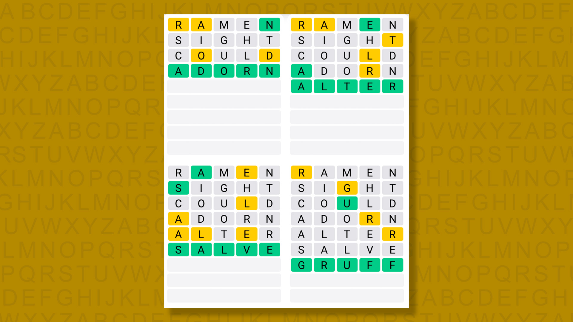 Quordle answers for game 1424 on a yellow background