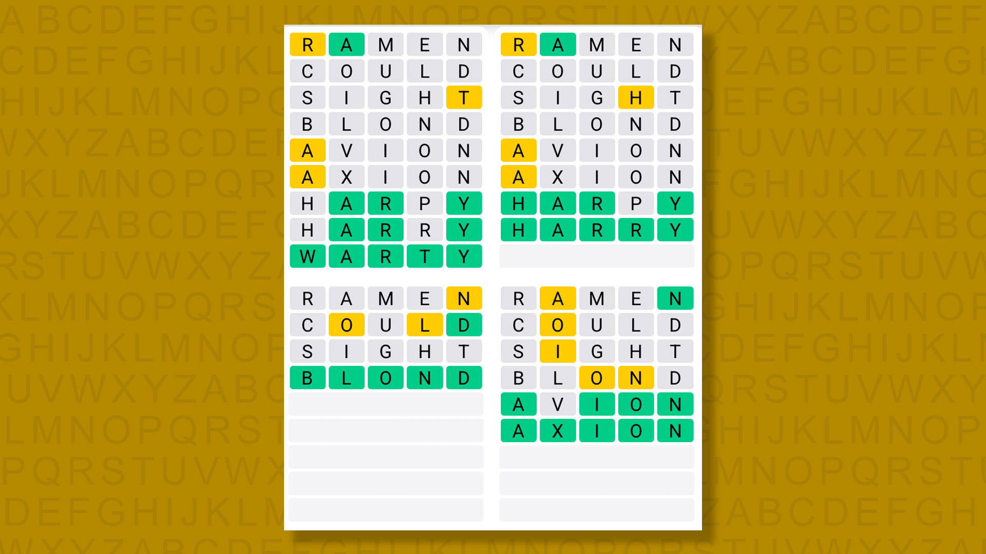 Quordle answers for game 1431 on a yellow background