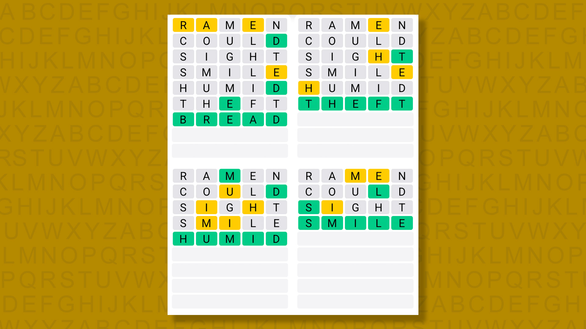 Quordle answers for game 1422 on a yellow background