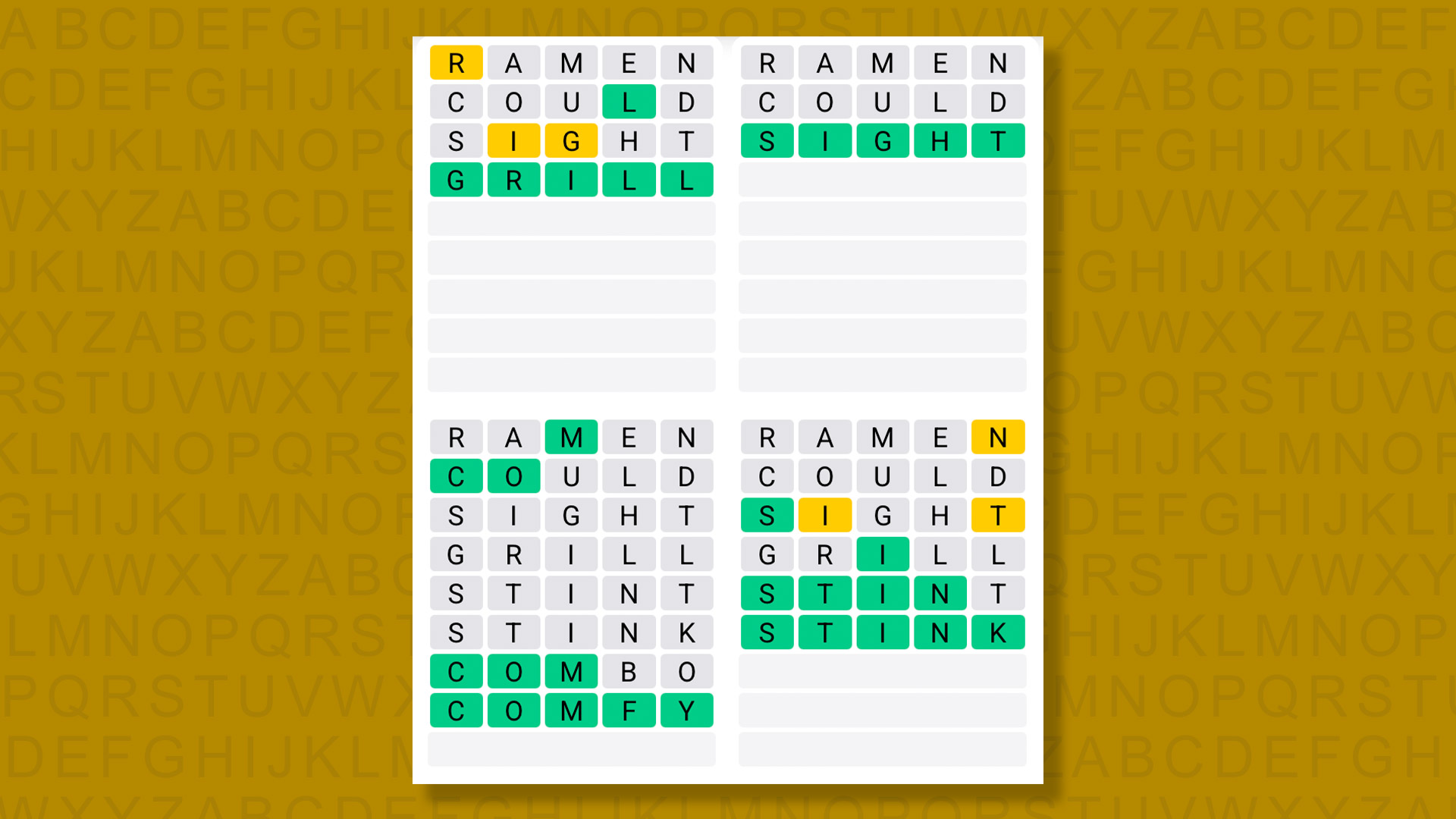 Quordle answers for game 1408 on a yellow background