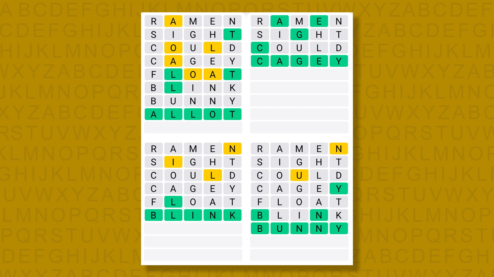 Quordle answers for game 1436 on a yellow background