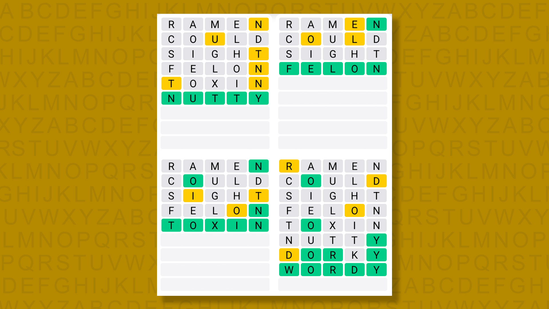 Quordle answers for game 1415 on a yellow background