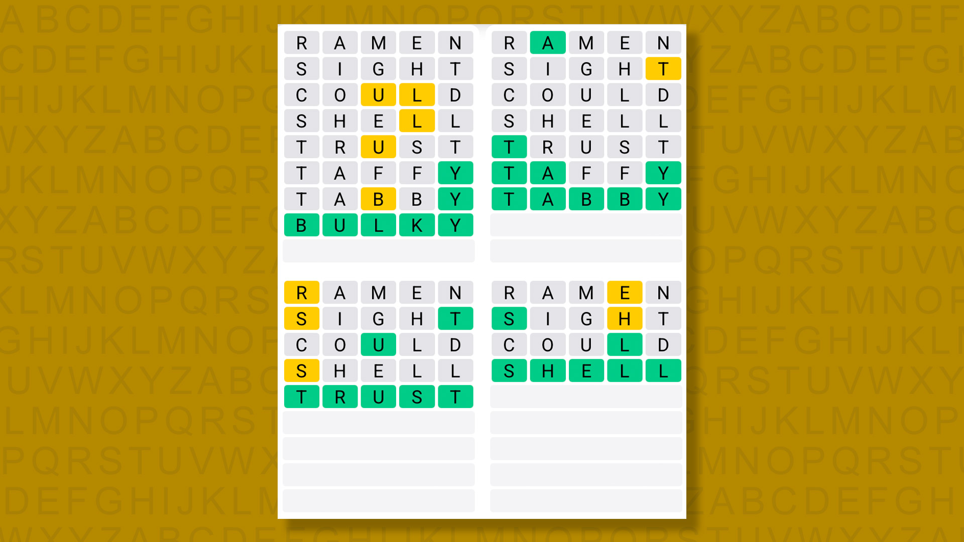 Quordle answers for game 1416 on a yellow background