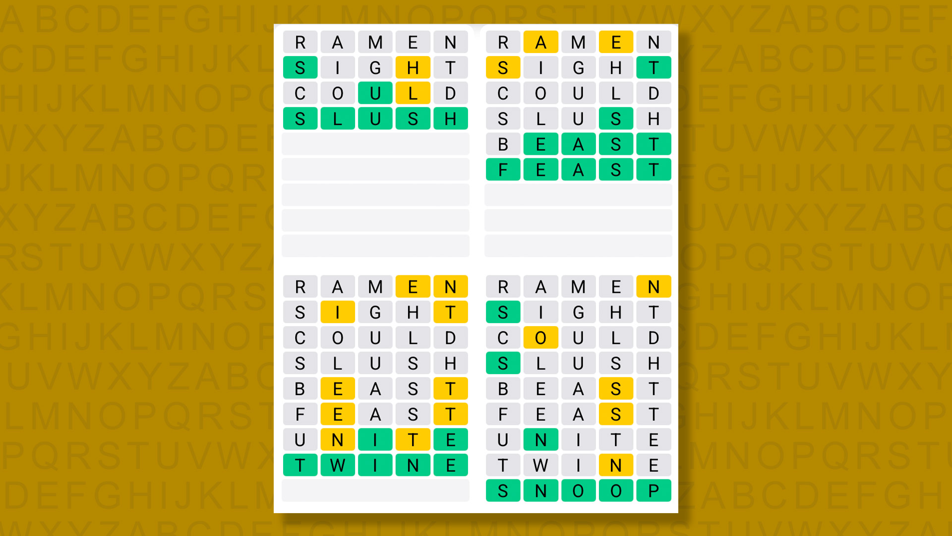 Quordle answers for game 1423 on a yellow background