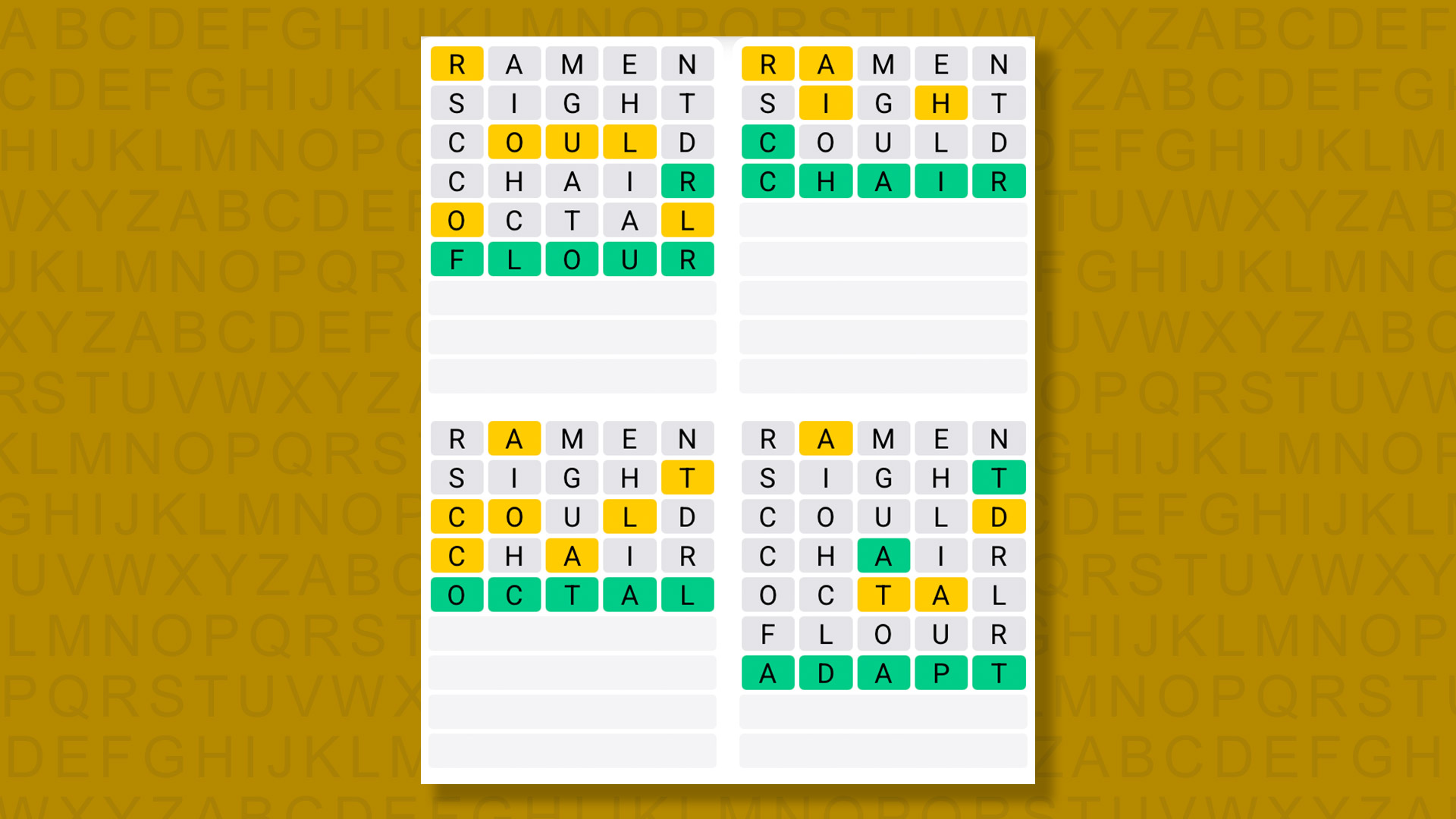 Quordle answers for game 1430 on a yellow background