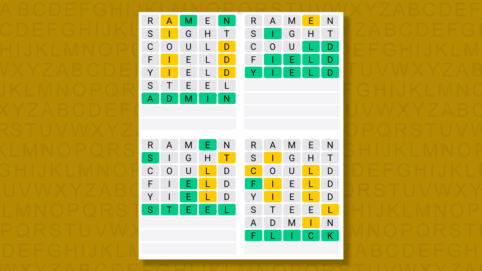 Quordle answers for game 1437 on a yellow background