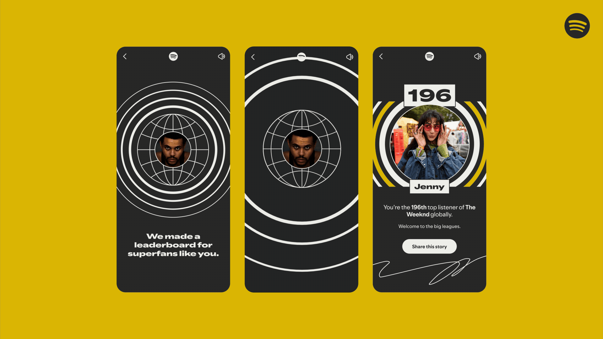 Three iPhones showing the new Fan Leaderboard in Spotify Wrapped 2025