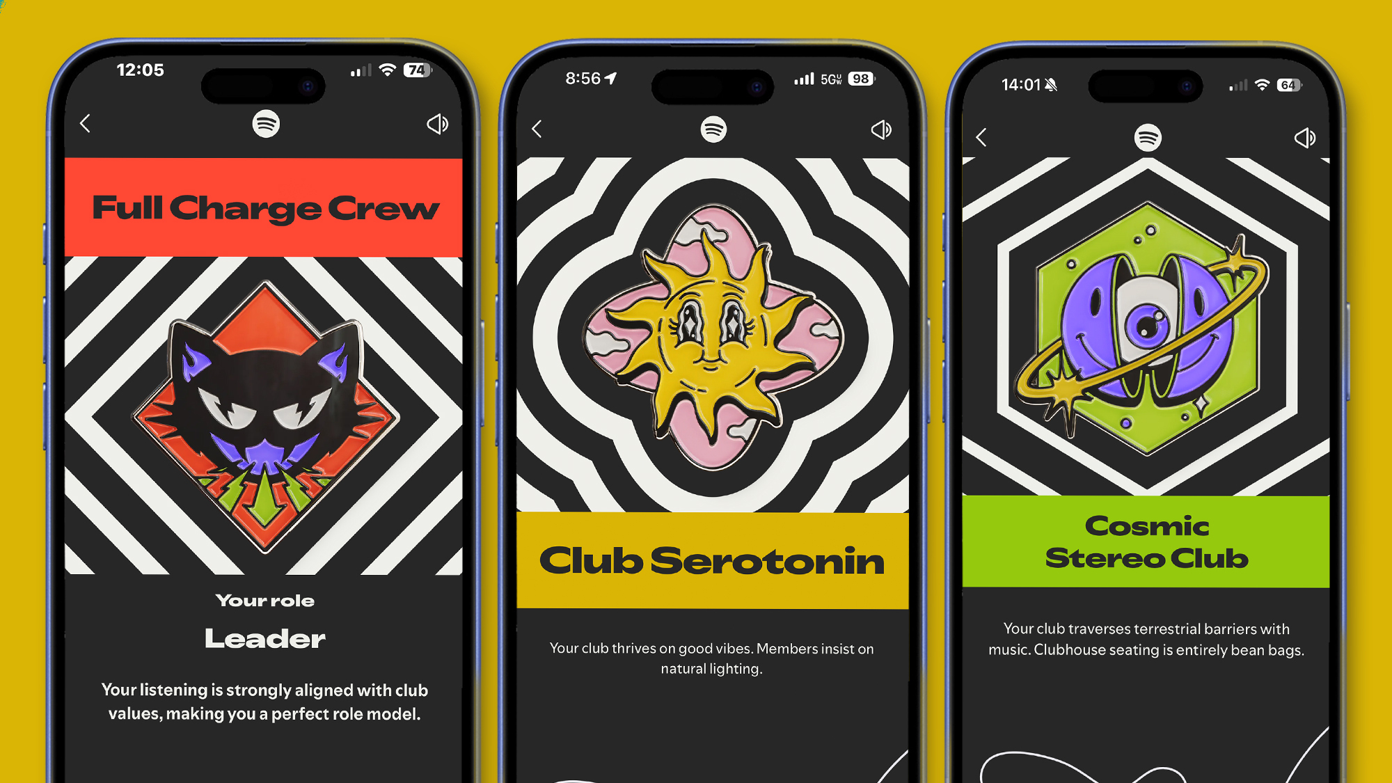Three iPhones showing different Clubs in Spotify Wrapped 2025