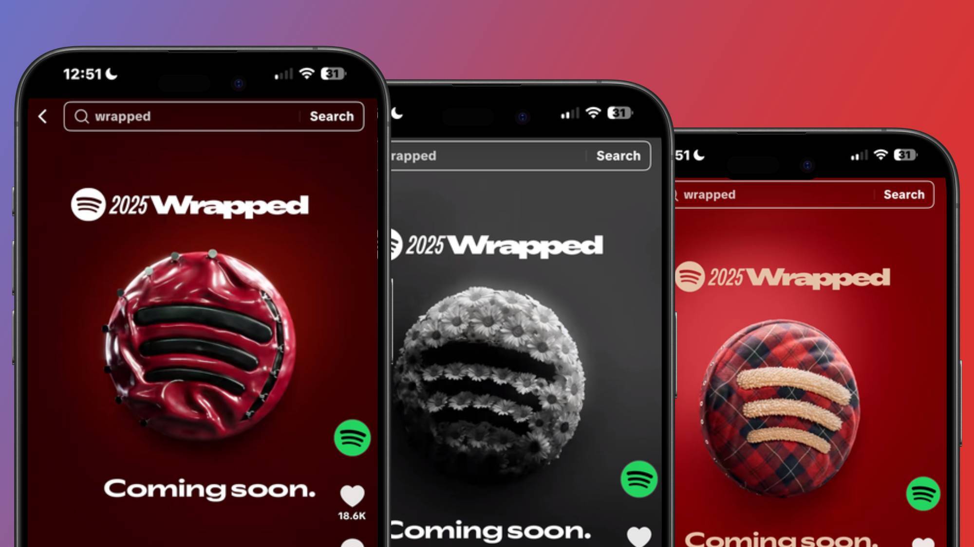 Three phones on a blue and red background showing Spotify Wrapped 2025 teasers