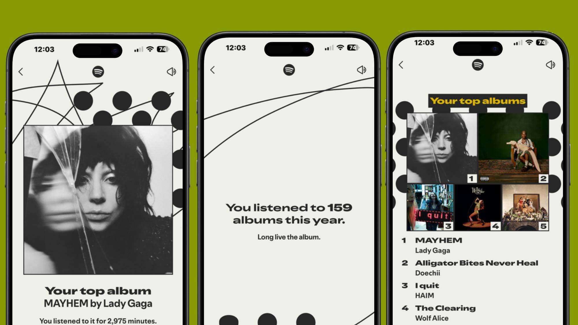 Three iPhones showing top albums in Spotify Wrapped 2025