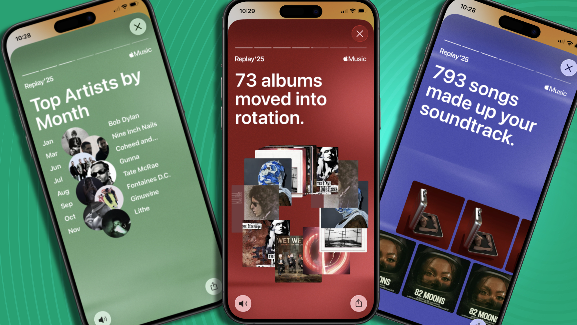 Three iPhones showing different slides from Apple Music Replay