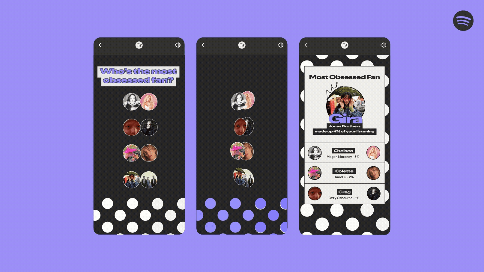 Three iPhones showing different steps to Wrapped Party in Spotify Wrapped 2025