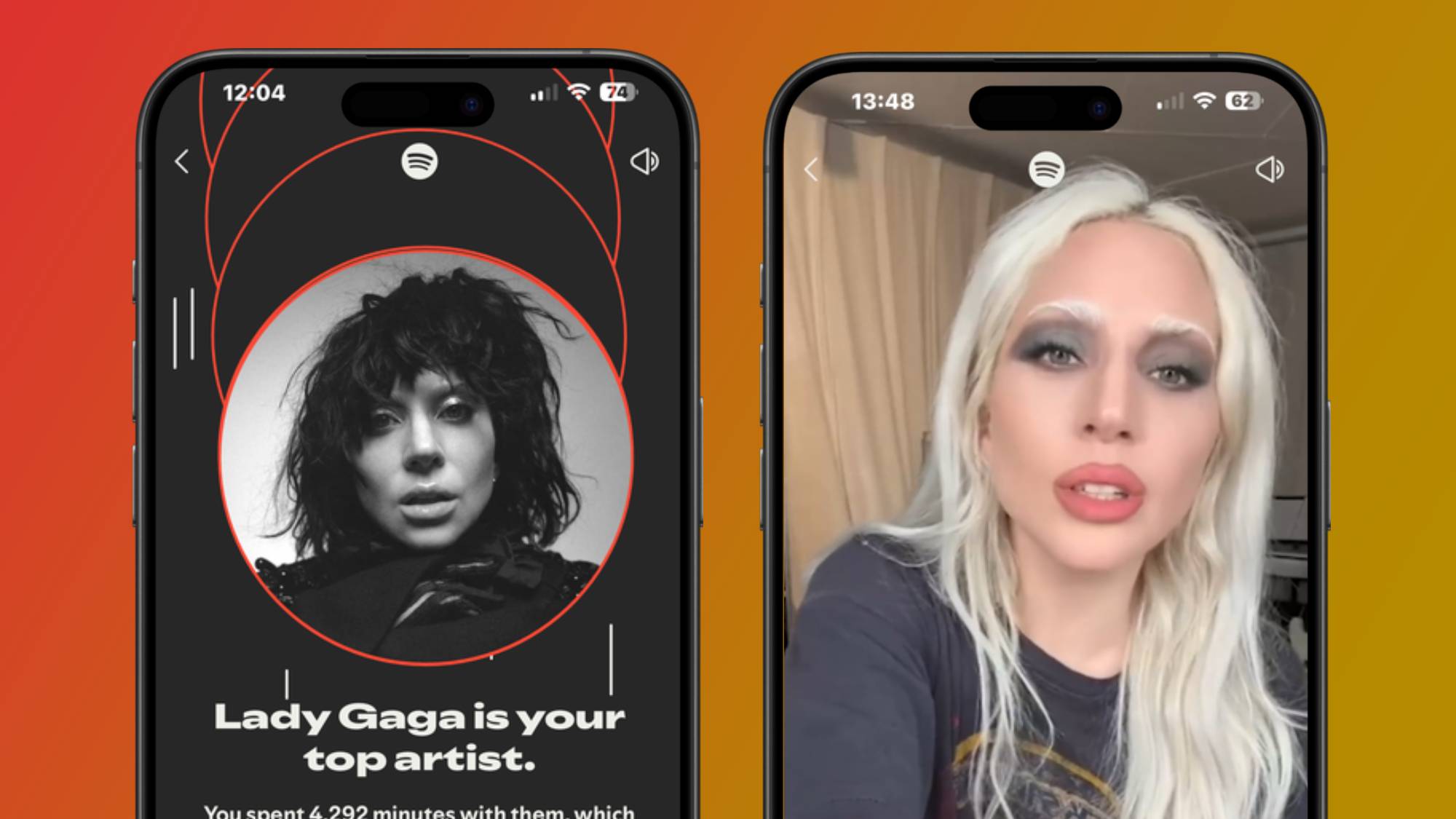 Two iPhones showing Lady Gaga&#039;s fan message in Spotify Wrapped 2025