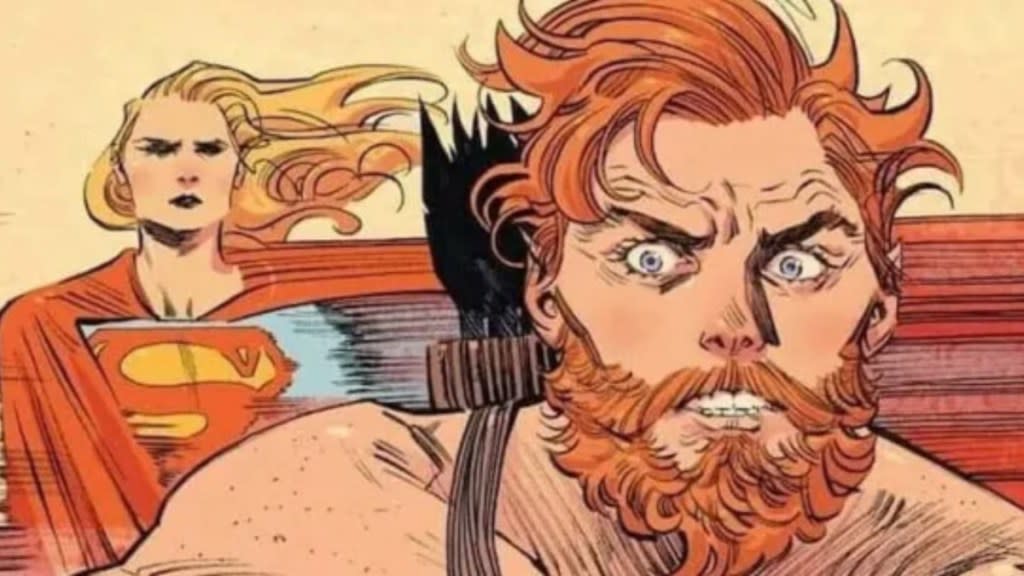 A DC Comics panel showing Kara Zor-El quickly movie behind Krem in Supergirl: Woman of Tomorrow