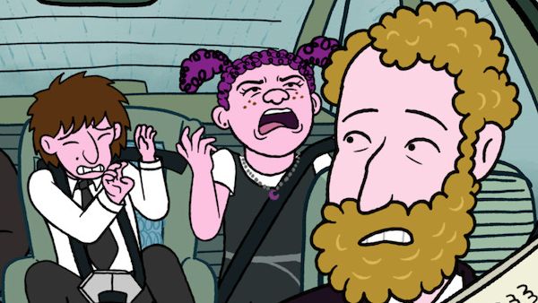 Animated characters sit in a car including a distressed looking father and two children who are crying and arguing