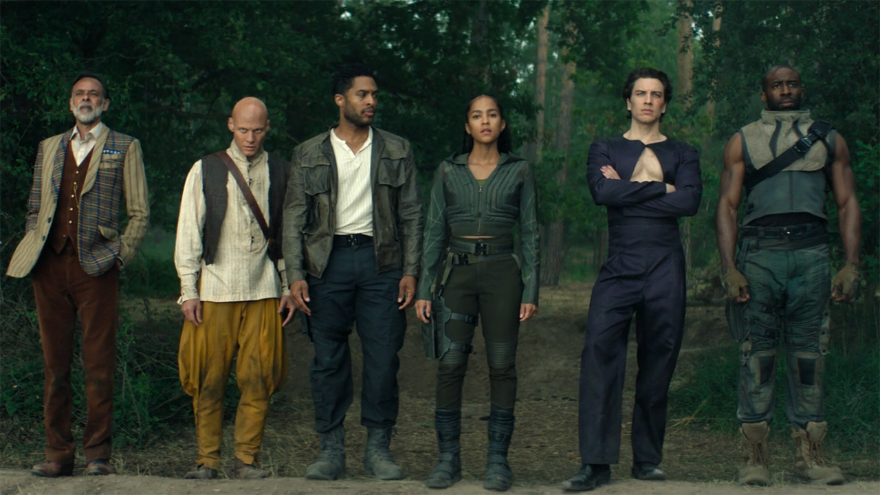 Ebling, Magnifico, Han, Gaal, Toran, and a soldier standing in a line in Foundation season 3 episode 9